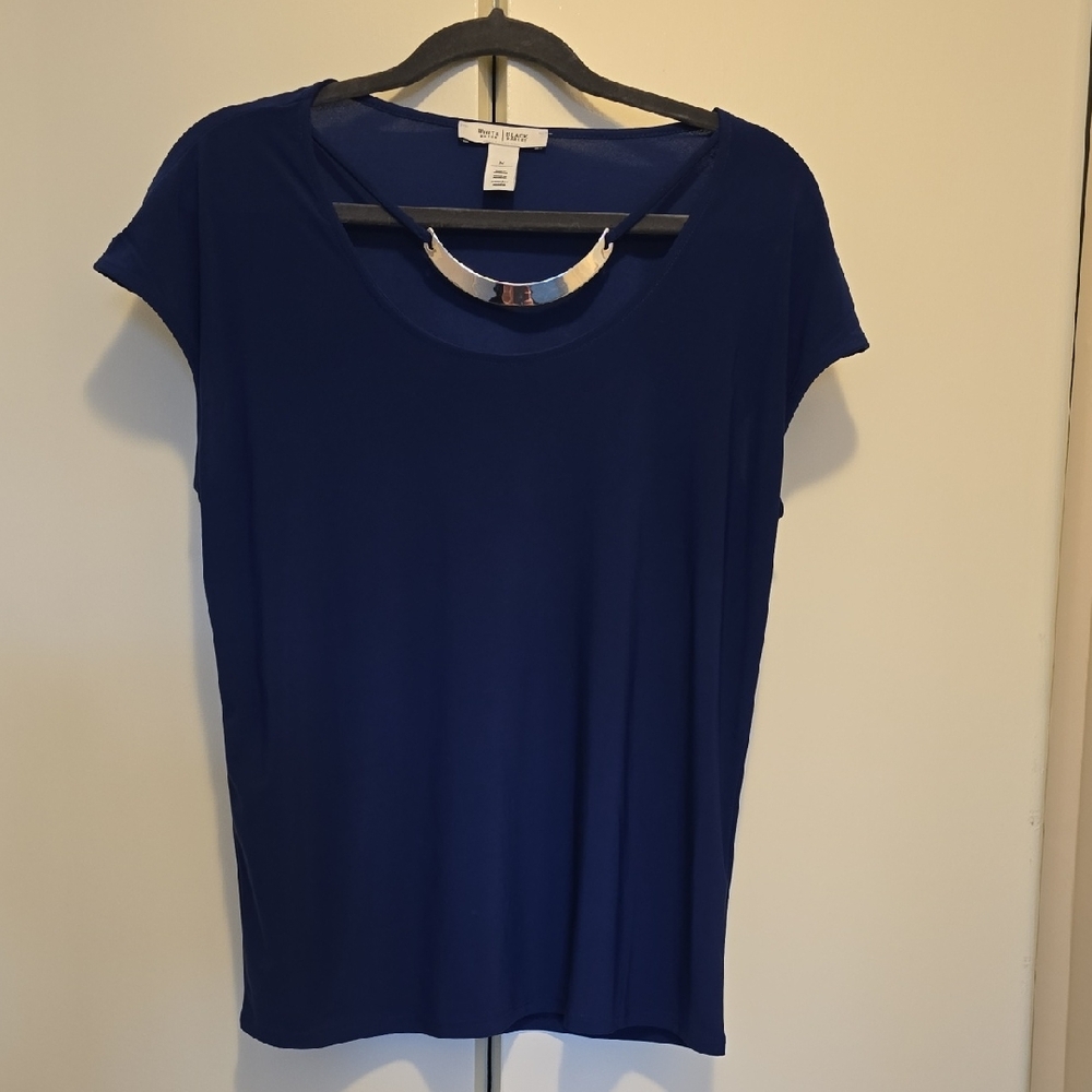 White House Black Market Royal Blue Short Sleeve Top With Built In Necklace